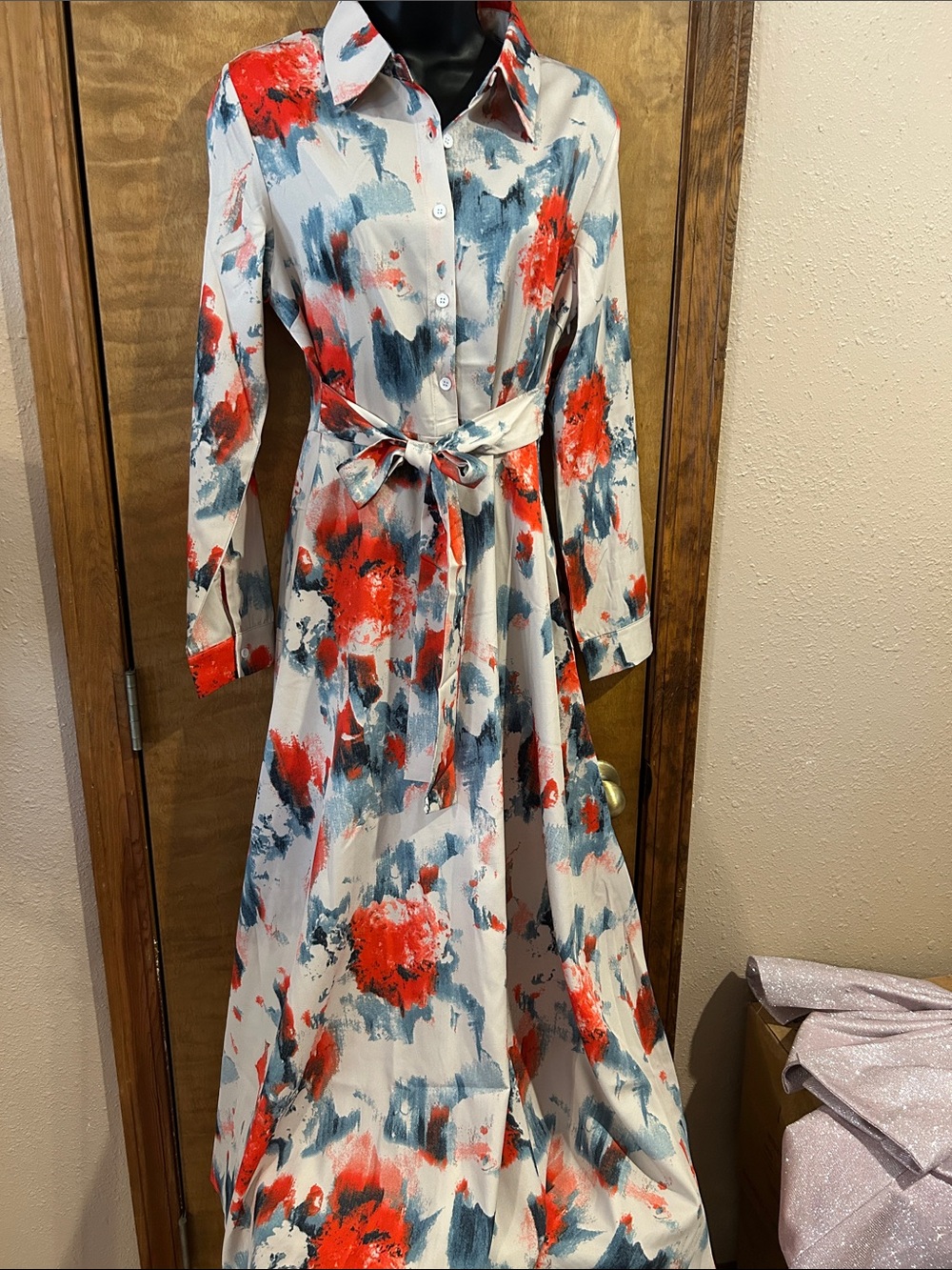 Source Unknown Abstract Floral Button-Front Maxi Dress in Red and Blue